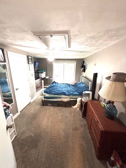 carpeted bedroom with a textured ceiling
