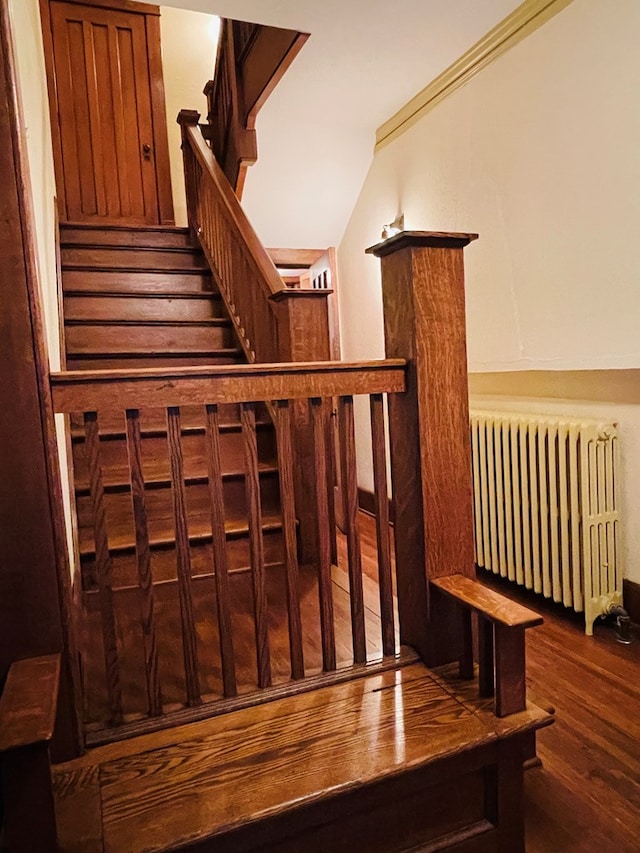 staircase with wood finished floors, vaulted ceiling, and radiator