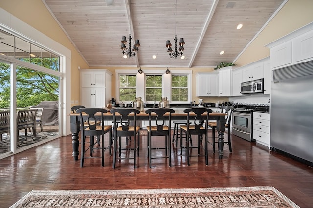 7326 State Route 19, Mount Gilead, OH 43338 - dining space with a chandelier, wood ceiling, and dark wood-style floors