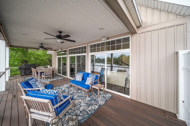 7326 State Route 19, Mount Gilead, OH 43338 - wooden deck with grilling area, outdoor dining area, ceiling fan, a water view, and an outdoor living space