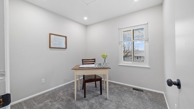 carpeted home office featuring visible vents, baseboards, and recessed lighting