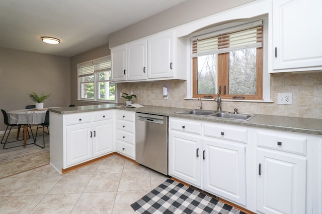 kitchen with a peninsula, dishwasher, a sink, and backsplash