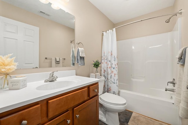 bathroom featuring toilet, visible vents, shower / bathtub combination with curtain, and vanity