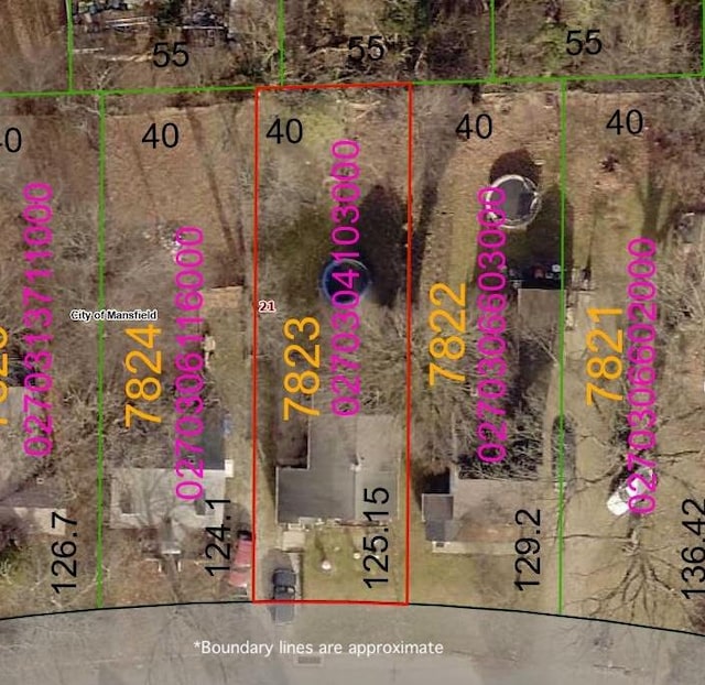 444 W 6th St, Mansfield, OH 44903 - aerial overview of property's location featuring property parcel outlined