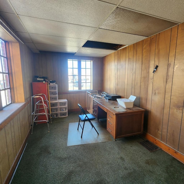 233 E Mansfield St, Bucyrus, OH 44820 - carpeted office space with wood walls, a paneled ceiling, and visible vents