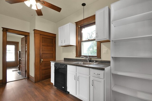 97 S Gamble St, Shelby, OH 44875 - kitchen with open shelves, a sink, dishwasher, dark countertops, and ceiling fan