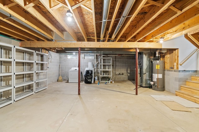 basement with water heater, heating unit, and washer and clothes dryer