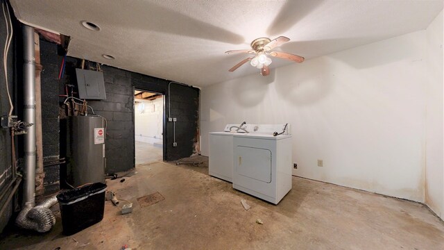 4 Post St, Shelby, OH 44875 - basement with washing machine and clothes dryer, water heater, a ceiling fan, concrete block wall, and electric panel