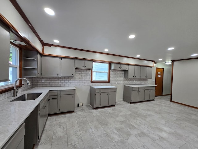 423 Beechwood Dr, Galion, OH 44833 - kitchen with a sink, gray cabinetry, tasteful backsplash, recessed lighting, and open shelves