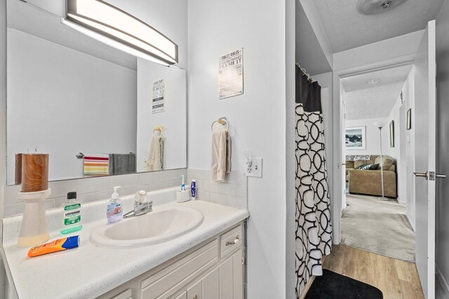 524.526 Rudy Rd, Mansfield, OH 44903 - bathroom featuring wood finished floors, vanity, decorative backsplash, and a shower with shower curtain