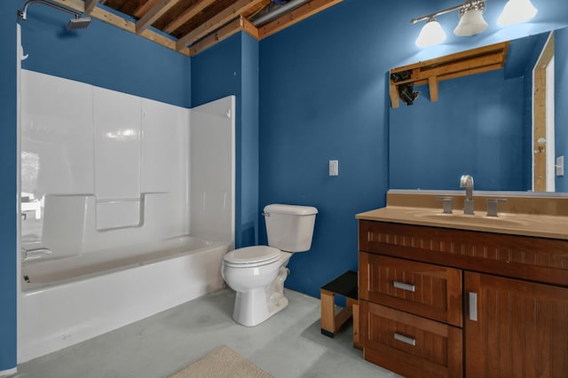 full bathroom with shower / washtub combination, vanity, concrete flooring, and toilet