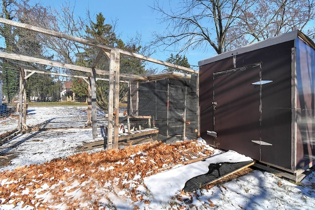 yard covered in snow featuring a shed