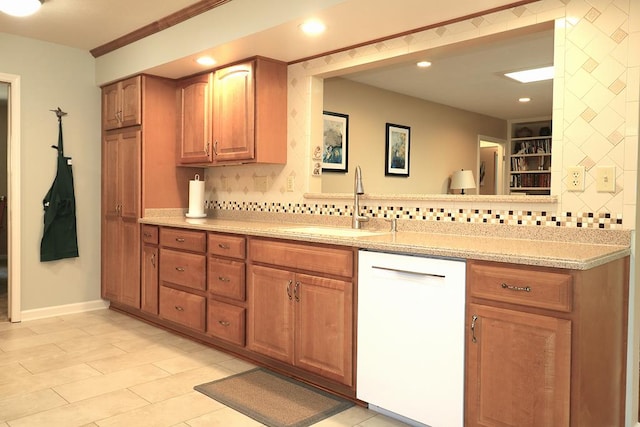 10411 River Rd, Huron, OH 44839 - kitchen featuring dishwasher, backsplash, brown cabinets, and recessed lighting