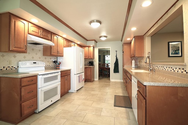 10411 River Rd, Huron, OH 44839 - kitchen featuring under cabinet range hood, white appliances, tasteful backsplash, light tile patterned floors, and recessed lighting