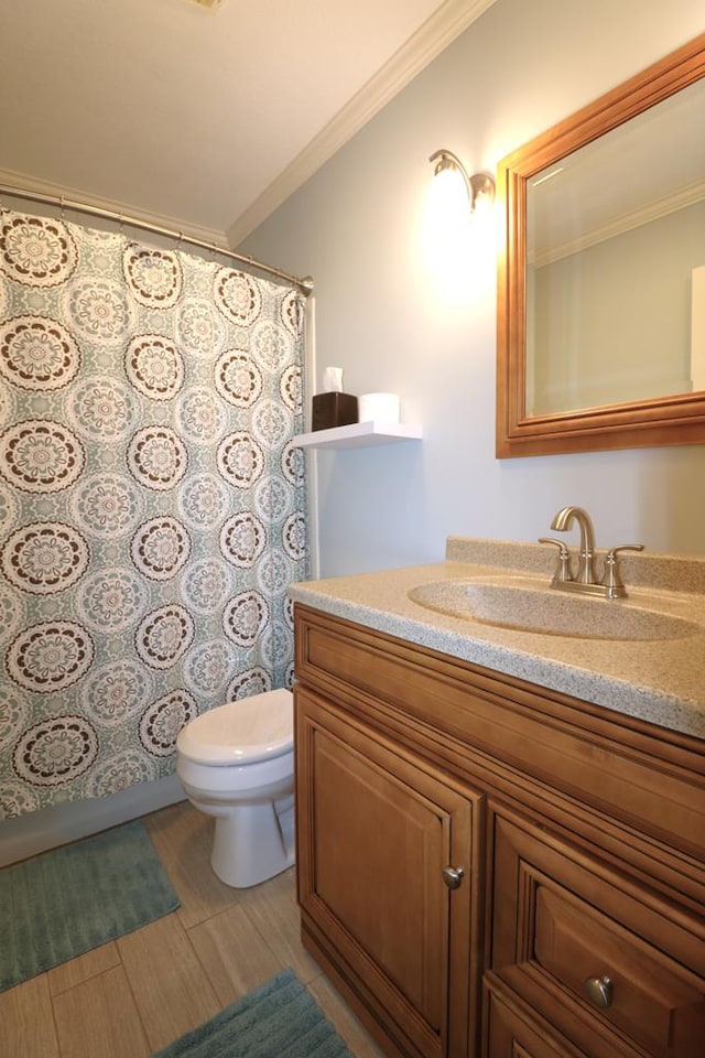 10411 River Rd, Huron, OH 44839 - full bath featuring ornamental molding, vanity, and a shower with shower curtain