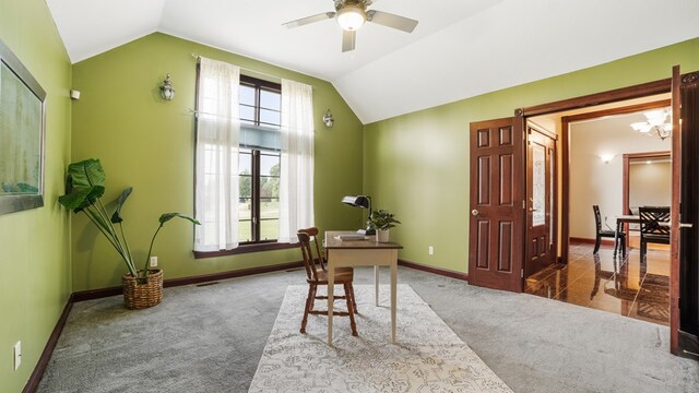 1439 Township Rd Unit 1238, Ashland, OH 44805 - carpeted office with vaulted ceiling, baseboards, ceiling fan, and a chandelier