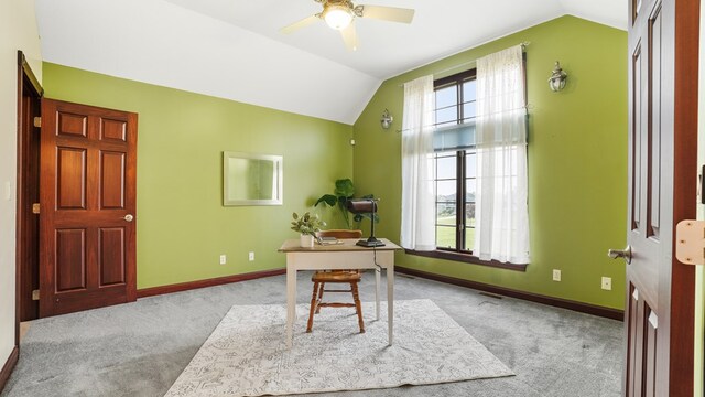 1439 Township Rd Unit 1238, Ashland, OH 44805 - carpeted home office with lofted ceiling, ceiling fan, and baseboards