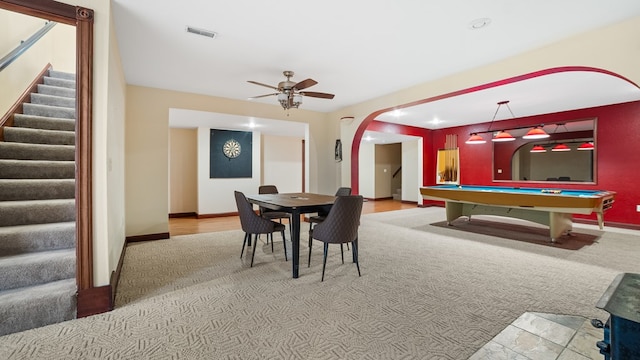 1439 Township Rd Unit 1238, Ashland, OH 44805 - recreation room with carpet flooring, arched walkways, ceiling fan, baseboards, and pool table