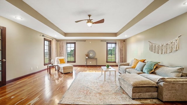 1439 Township Rd Unit 1238, Ashland, OH 44805 - living room with a raised ceiling, ceiling fan, wood finished floors, baseboards, and recessed lighting