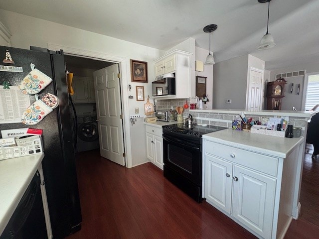 kitchen with pendant lighting, tasteful backsplash, black appliances, white cabinets, and kitchen peninsula