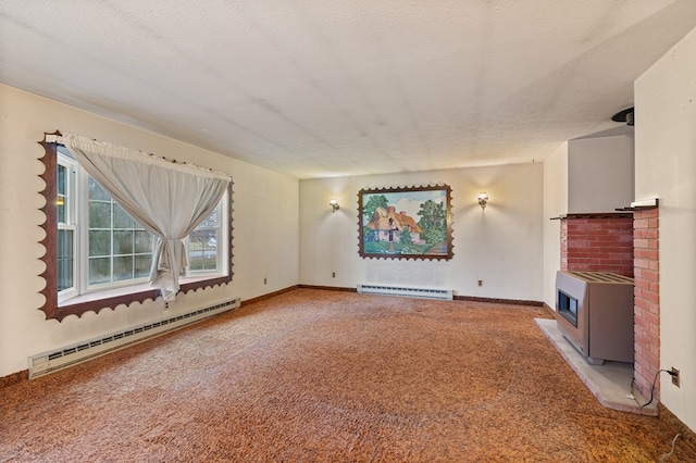 unfurnished living room with baseboards, baseboard heating, a textured ceiling, carpet floors, and a baseboard heating unit