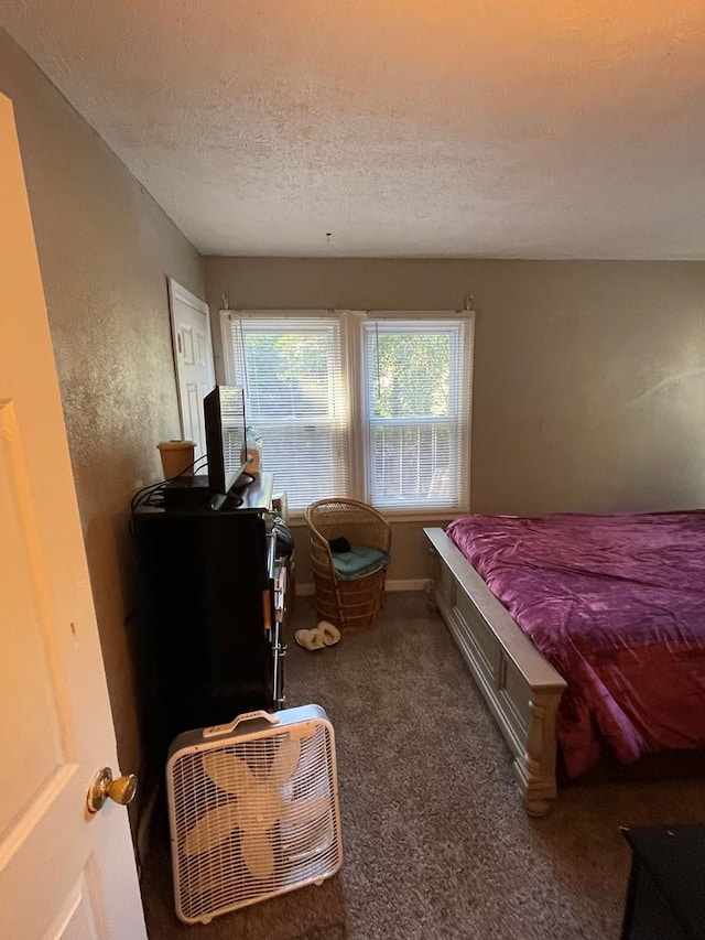 carpeted bedroom with a textured ceiling