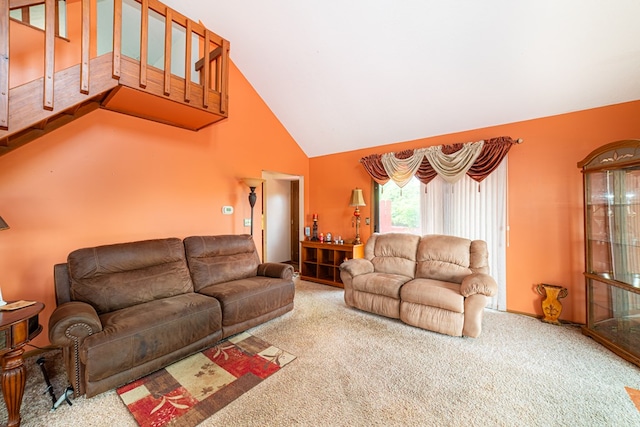 7326 State Route 19 Unit 47-48, Mount Gilead, OH 43338 - living room featuring carpet and high vaulted ceiling
