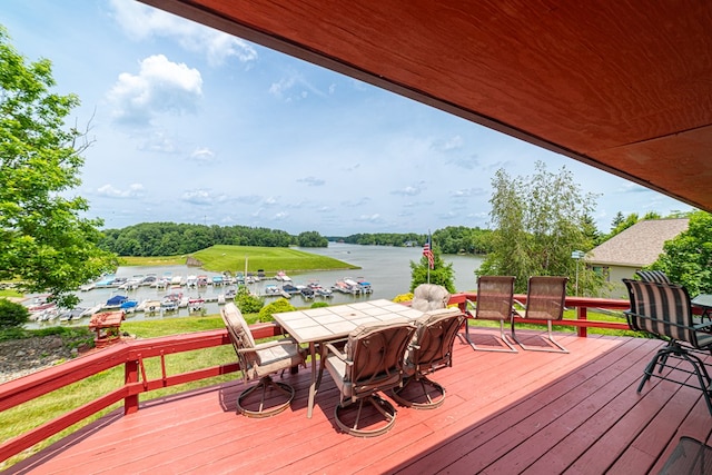 7326 State Route 19 Unit 47-48, Mount Gilead, OH 43338 - wooden deck with a water view and outdoor dining area