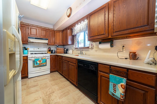 7326 State Route 19 Unit 47-48, Mount Gilead, OH 43338 - kitchen featuring white appliances, under cabinet range hood, tasteful backsplash, light countertops, and brown cabinetry