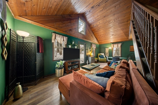 living room with wood ceiling, vaulted ceiling, and wood-type flooring