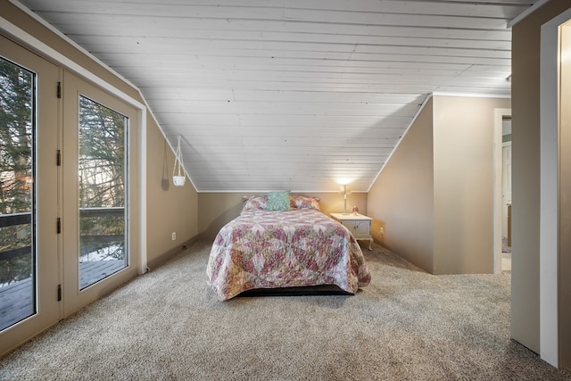 bedroom featuring wood ceiling, vaulted ceiling, carpet, and access to outside