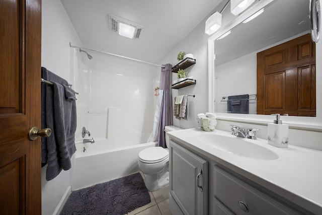 full bathroom featuring tile patterned floors, vanity, toilet, and shower / tub combo with curtain