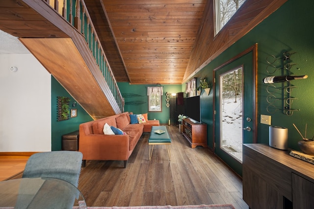 living room featuring hardwood / wood-style flooring, wooden ceiling, and lofted ceiling