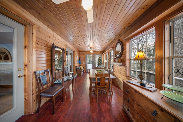 dining space with wooden ceiling, dark hardwood / wood-style floors, and wood walls