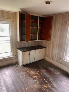 67 S Gamble St, Shelby, OH 44875 - kitchen with dark wood-style floors, wood walls, plenty of natural light, and dark countertops
