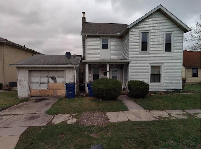 67 S Gamble St, Shelby, OH 44875 - view of front of home featuring an attached garage, concrete driveway, a front yard, and a chimney