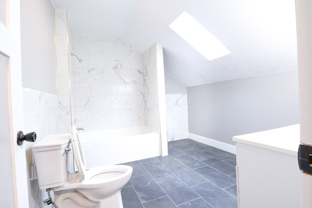 full bath featuring shower / bathing tub combination, marble finish floor, toilet, and lofted ceiling with skylight