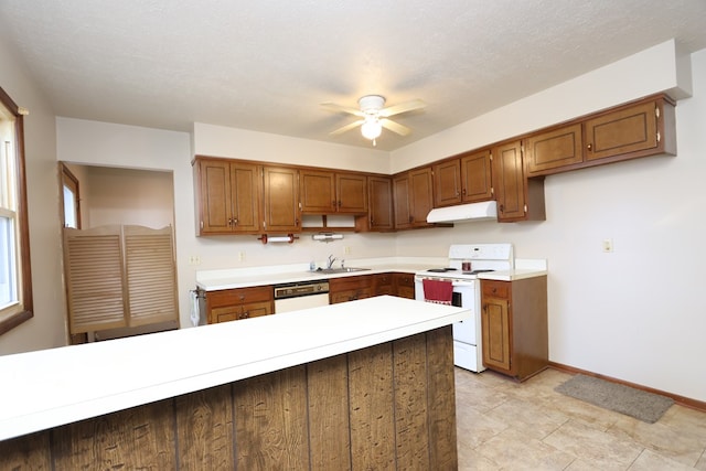 kitchen with sink, white appliances, a textured ceiling, and ceiling fan