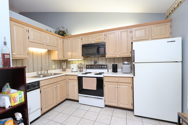 1690 Riva Ridge Dr, Mansfield, OH 44904 - kitchen with white appliances, lofted ceiling, a sink, light countertops, and light brown cabinetry