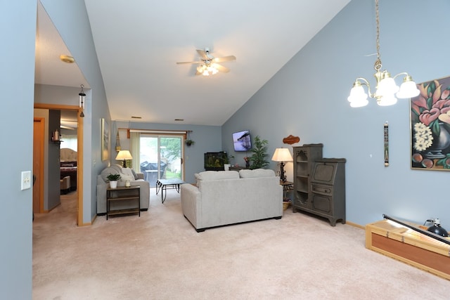 1690 Riva Ridge Dr, Mansfield, OH 44904 - living area with light colored carpet, a ceiling fan, lofted ceiling, a chandelier, and baseboards