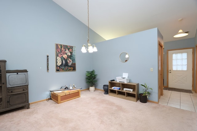 1690 Riva Ridge Dr, Mansfield, OH 44904 - sitting room with carpet flooring, baseboards, a chandelier, and high vaulted ceiling