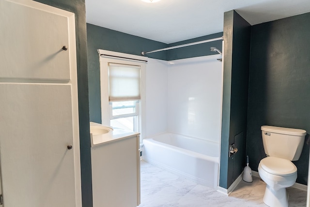 full bathroom with bathing tub / shower combination, vanity, and toilet