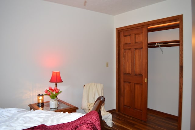 bedroom with a closet and dark hardwood / wood-style floors