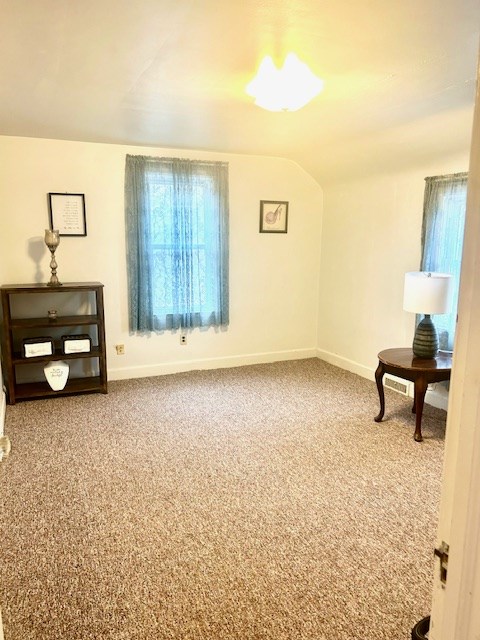interior space with baseboards, lofted ceiling, and carpet