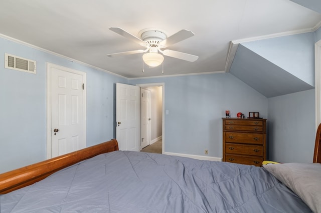 bedroom featuring ceiling fan, ornamental molding, carpet flooring, and lofted ceiling