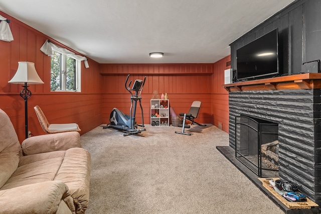 workout room featuring carpet flooring