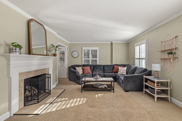 carpeted living room featuring crown molding