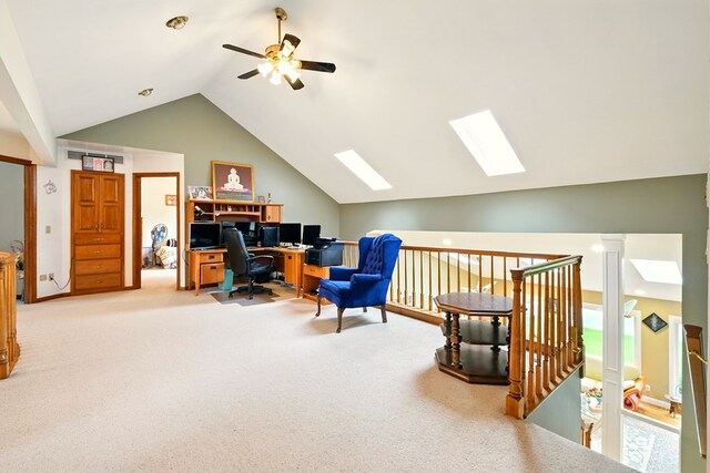 1515 Oak Run Ct, Mansfield, OH 44906 - office with vaulted ceiling, ceiling fan, a skylight, and light colored carpet