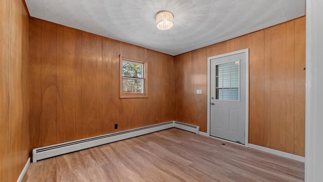 spare room featuring light hardwood / wood-style floors, baseboard heating, and wooden walls