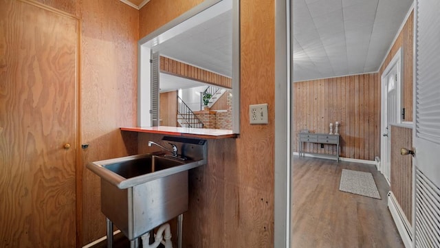 interior space featuring wood-type flooring, sink, and wood walls